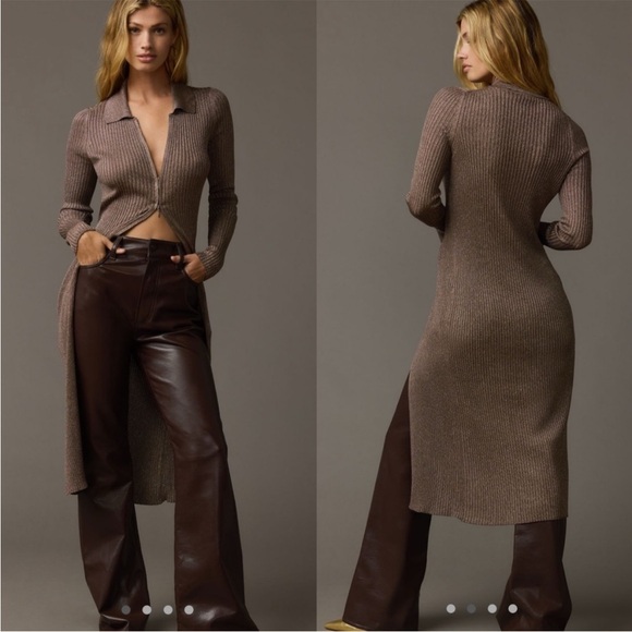 Anthropologie Long Sleeve Zip Front Duster Brown Metallic Silver Ribbed NEW - Picture 1 of 11